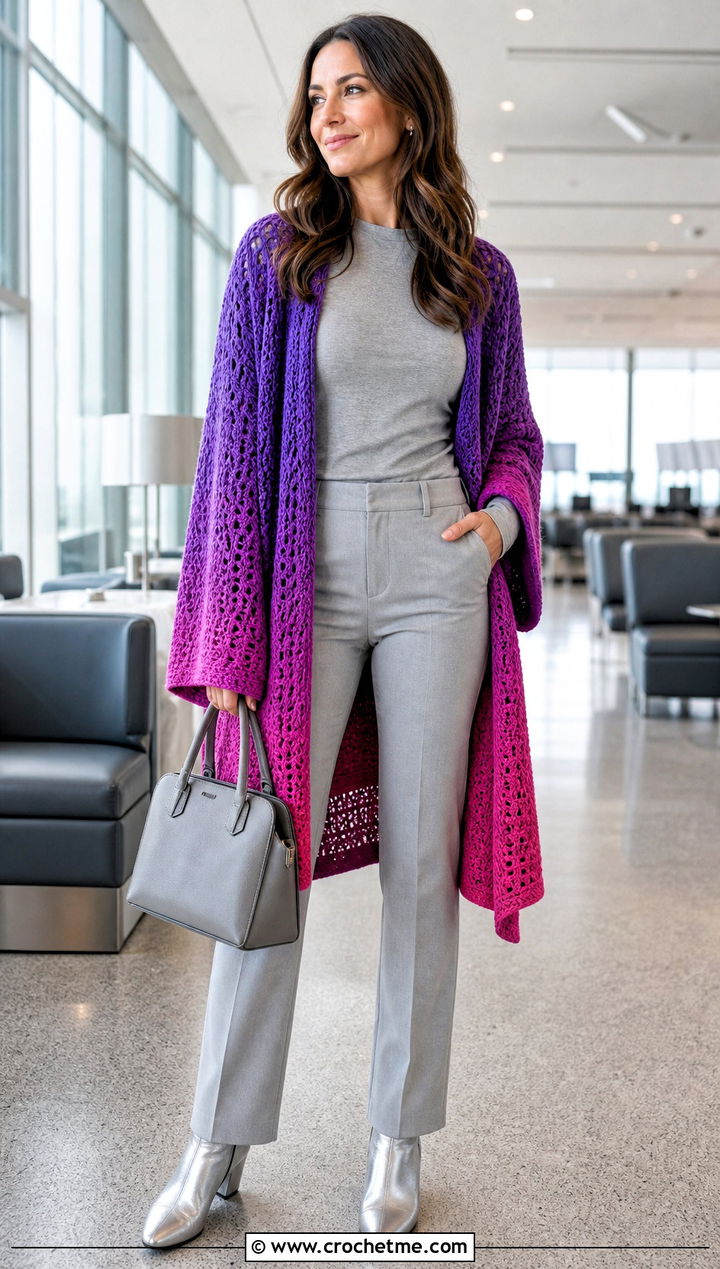 Ombre Shawl Crochet Cardigan With Monochrome Basics - 25 Shawl Crochet Cardigan outfit ideas