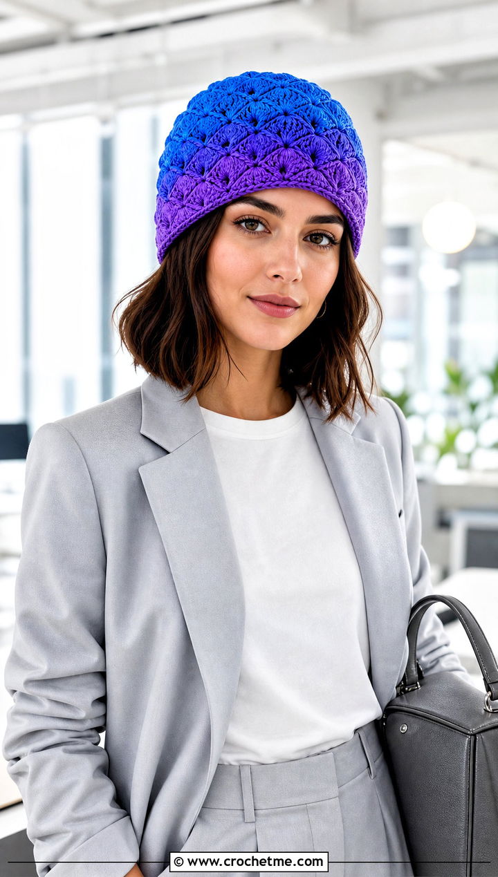 Ombre Shell Crochet Beanie With Monochrome Suit - 20 shell crochet beanie outfit ideas