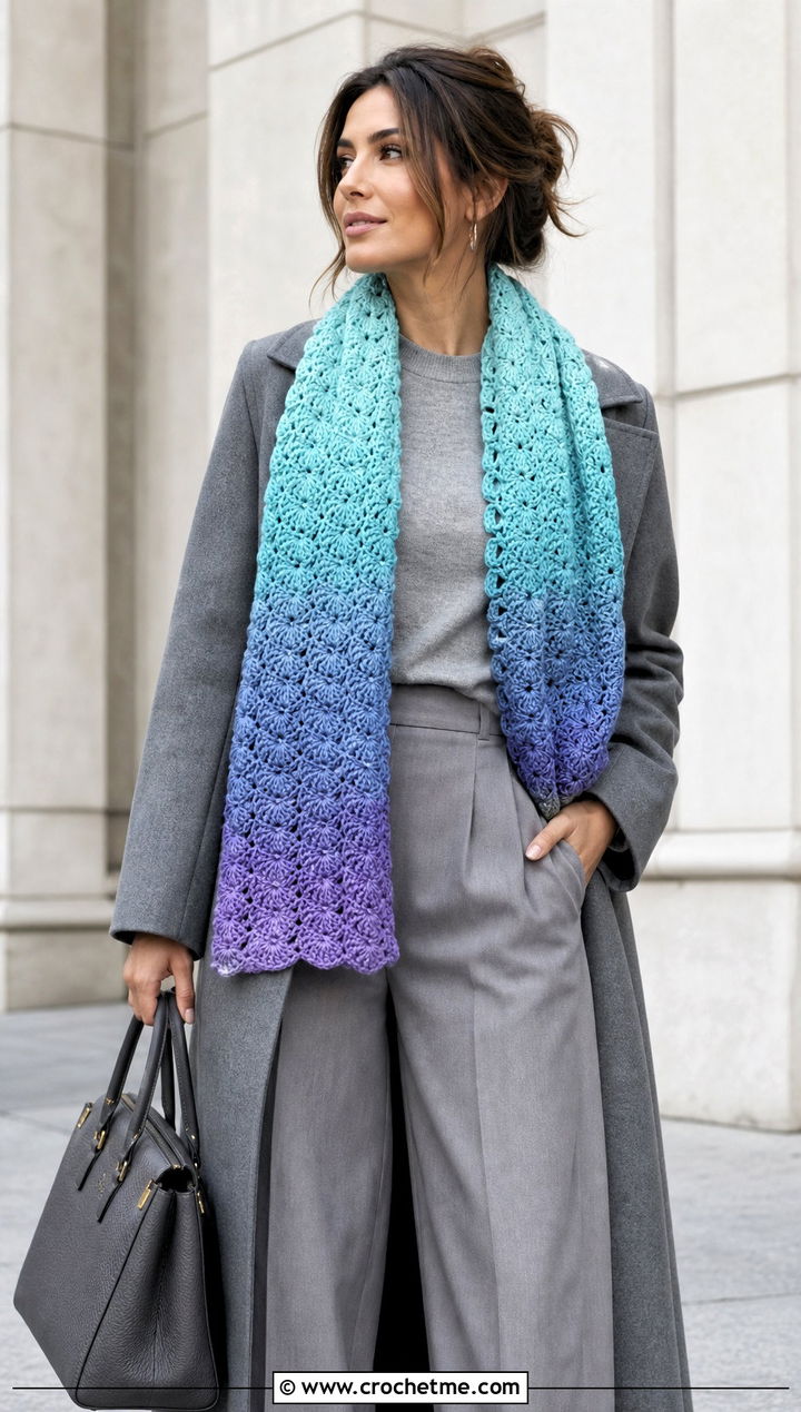 Ombre Shell Crochet Scarf With Monochrome Outfit - 20 Shell Crochet Scarf outfit ideas