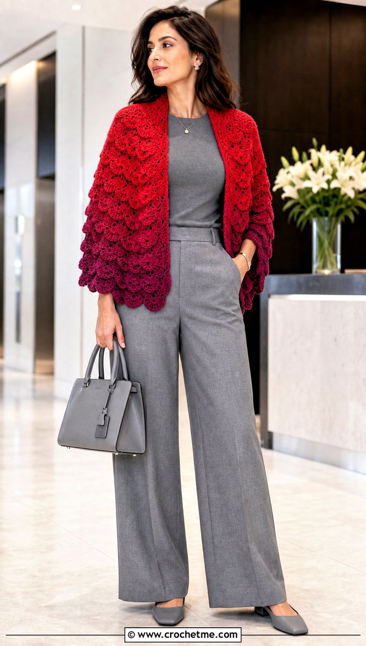 Ombre Shell Shawl With Monochrome Separates - 20 Crochet Shell Shawl outfit ideas