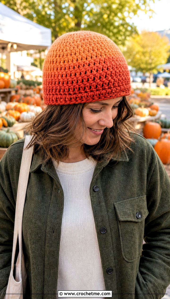 Ombre Short Row Crochet Hat With Shacket - 25 short row crochet hat outfit ideas