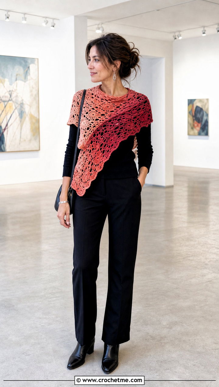 Ombre Sideways Crochet Shawl With All Black Outfit - 25 Sideways Crochet Shawl outfit ideas