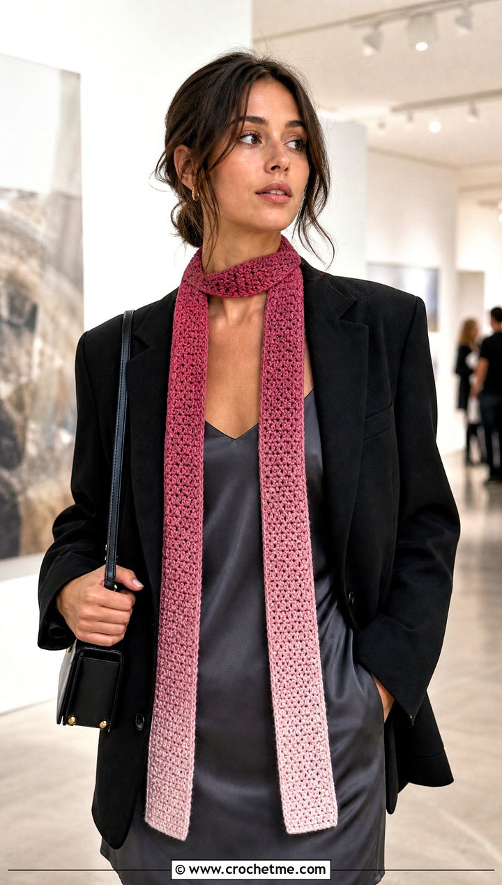 Ombre Single Crochet Scarf With Slip Dress And Blazer - 25 Single Crochet Scarf outfit ideas