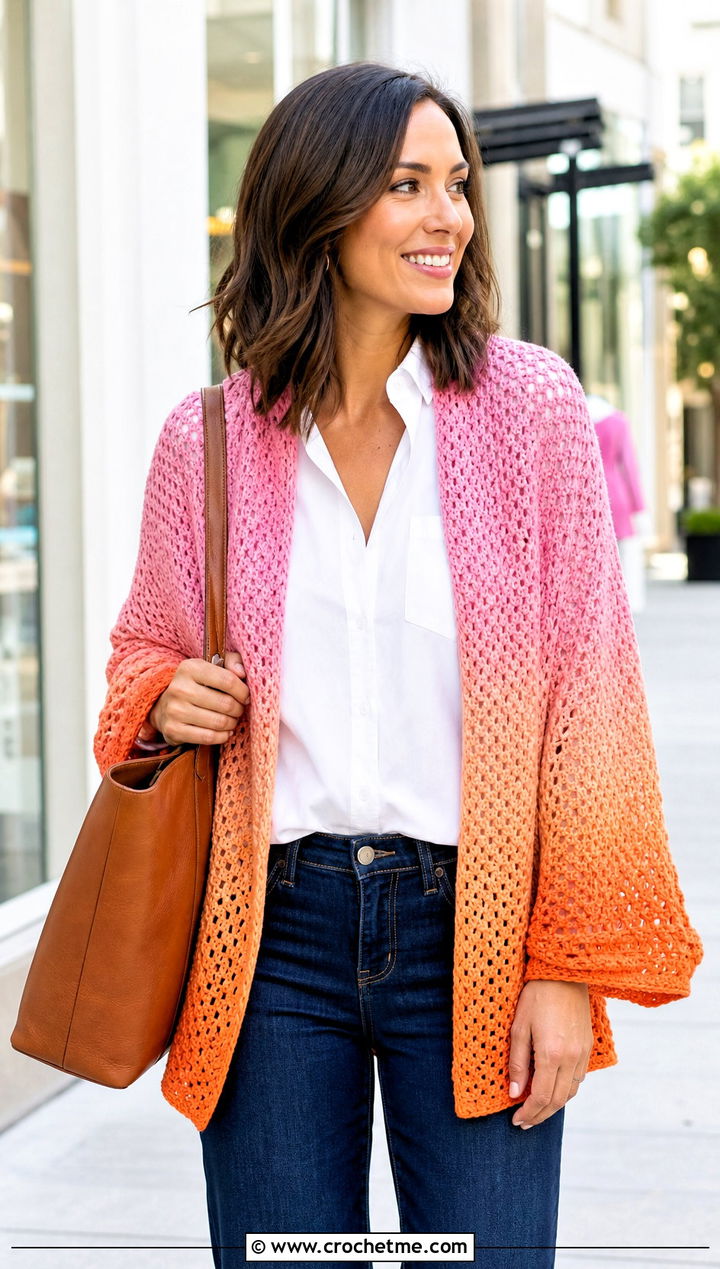 Ombre Sleeved Crochet Scarf With White Shirt And Jeans - 25 Sleeved Crochet Scarf outfit ideas