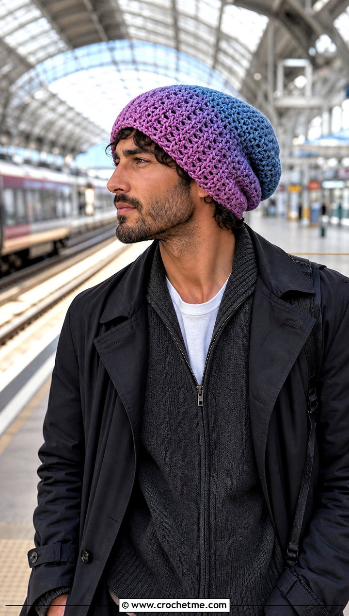 Ombre Slouch Crochet Beanie With Travel Outfit - 20 Mens Slouch Crochet Beanie outfit ideas