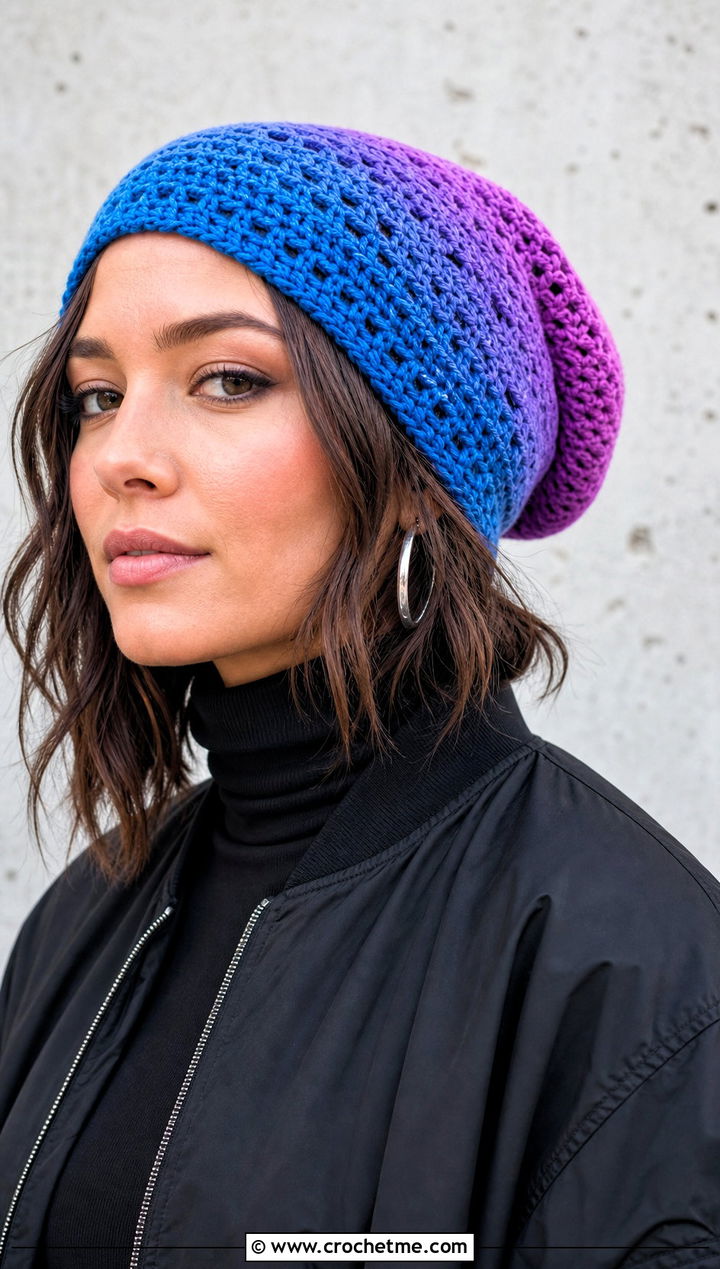 Ombre Slouchy Crochet Beanie With Monochrome Outfit - 25 Easy Slouchy Crochet Beanie outfit ideas