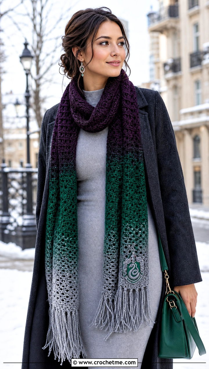 Ombre Slytherin Crochet Scarf With Knit Dress - 30 slytherin crochet scarf outfit ideas