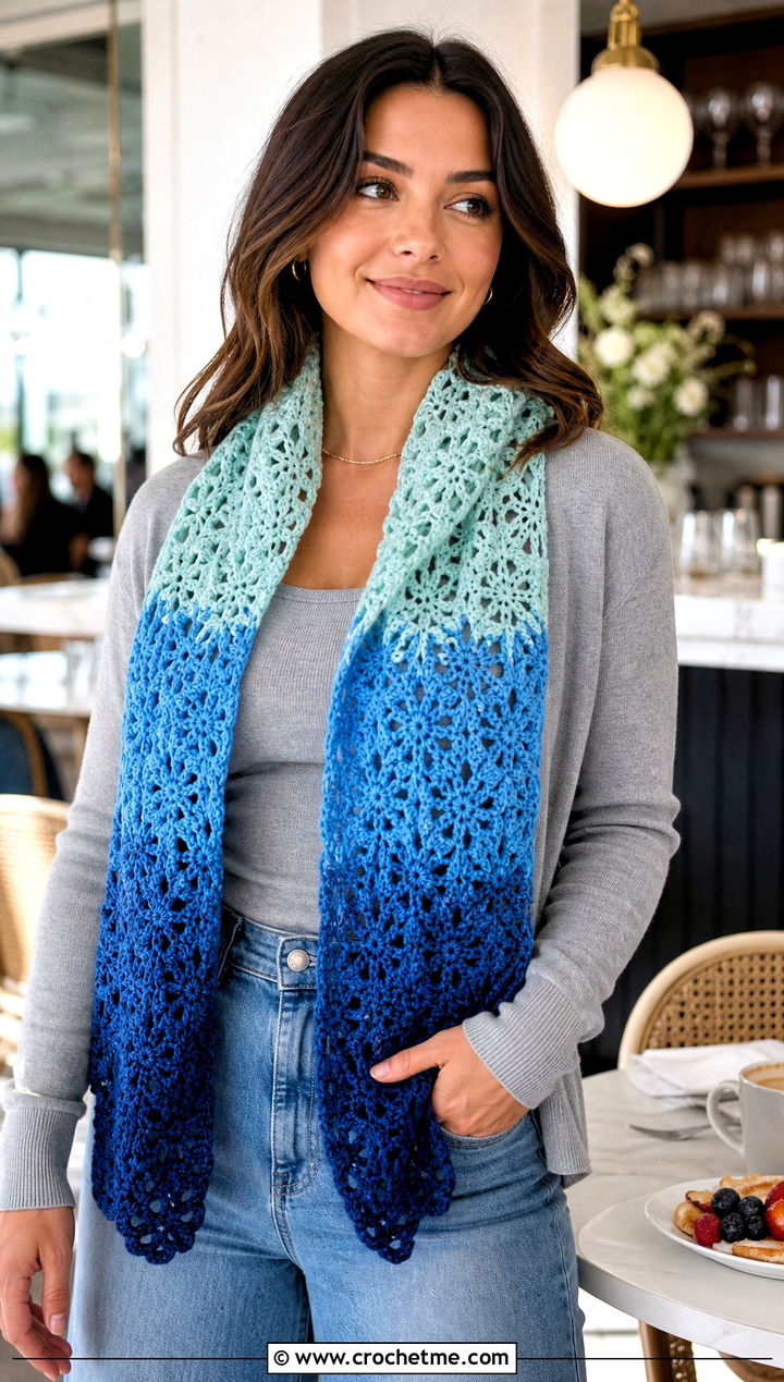Ombre Snowflake Crochet Scarf With Cardigan Set - 25 Snowflake Crochet Scarf outfit ideas