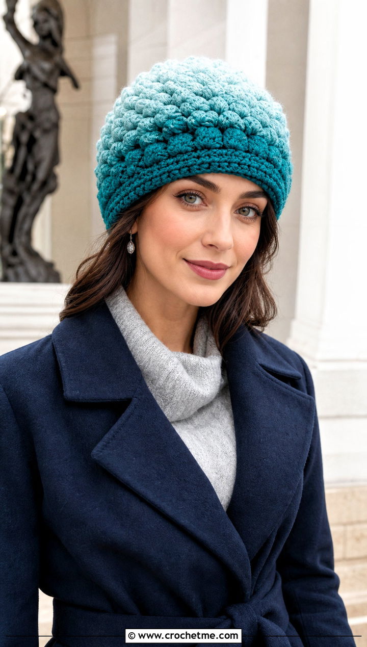Ombre Snowy Puff Crochet Hat With Sweater Dress - 15 snowy puff crochet hat outfit ideas