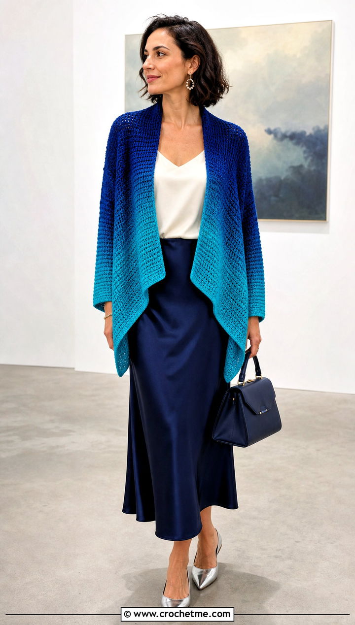 Ombre Solid Hexagon Cardigan With Satin Skirt - 30 crochet solid hexagon cardigan outfit ideas