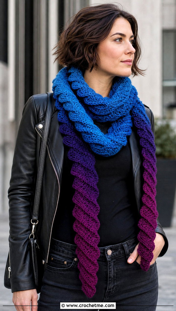 Ombre Spiral Crochet Scarf With Leather Jacket - 15 easy spiral crochet scarf outfit ideas