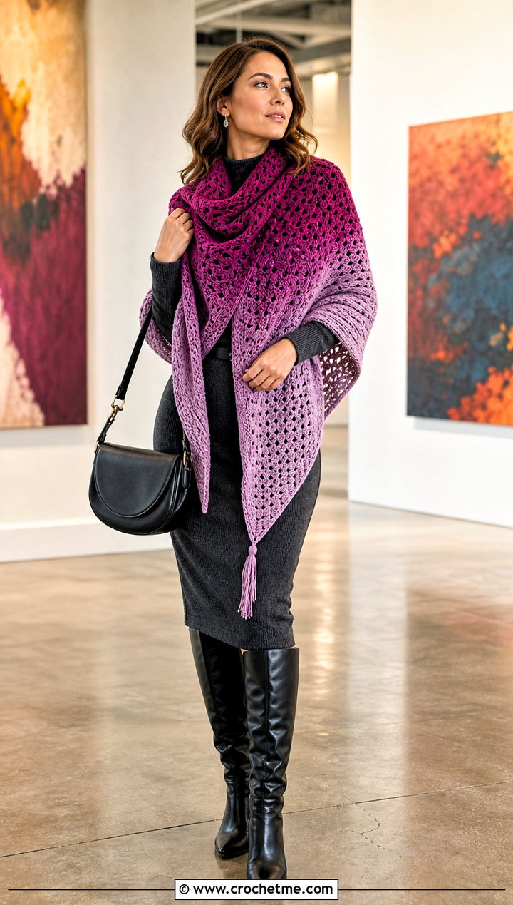 Ombre Square Crochet Shawl With Knit Dress - 25 Square Crochet Shawl outfit ideas