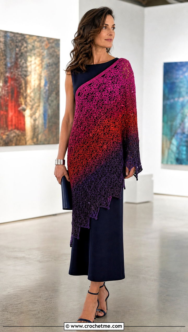 Ombre Star Crochet Shawl With Column Dress - 30 star crochet shawl outfit ideas