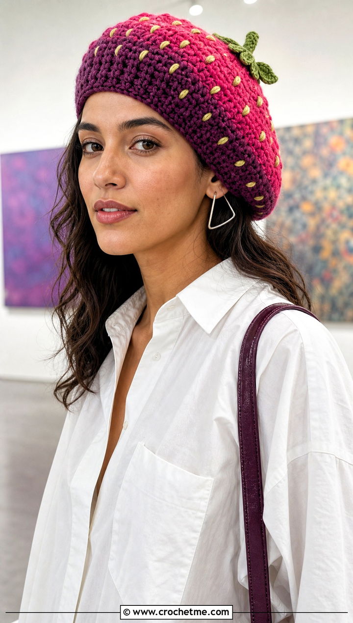 Ombre Strawberry Crochet Beret With White Shirt - 25 strawberry crochet beret outfit ideas