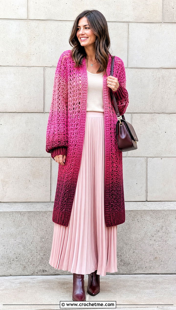 Ombre Stripe Crochet Cardigan With Pleated Maxi Skirt - 35 crochet striped cardigan outfit ideas