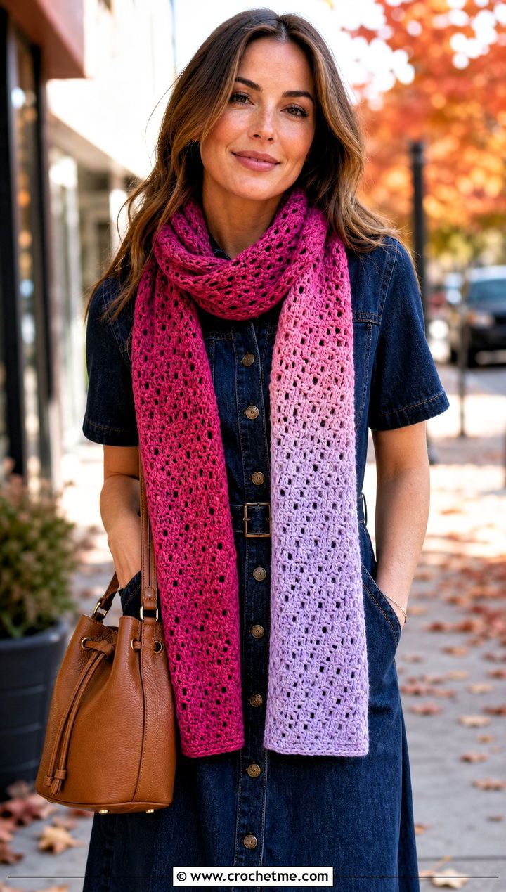 Ombre Stripe Crochet Scarf With Denim Dress - 30 Stripe Crochet Scarf outfit ideas