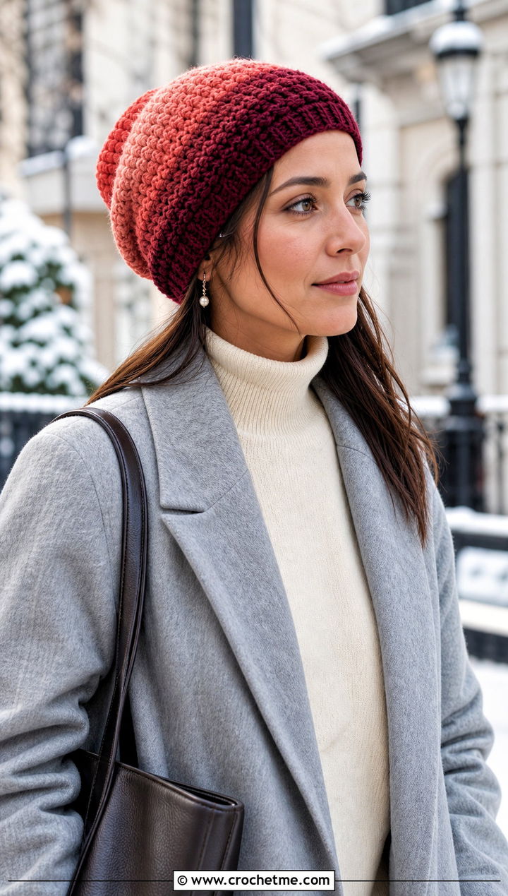 Ombre Stripe Slouchy Crochet Beanie With Wool Coat And Jeans - 15 Striped Slouchy Crochet Beanie outfit ideas