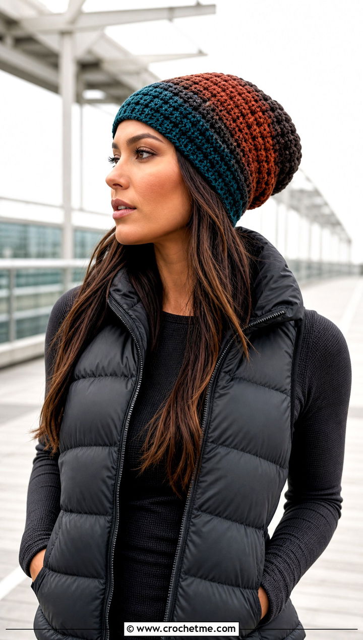 Ombre Striped Clancy Crochet Beanie With Puffer Vest And Parachute Pants - 30 clancy beanie crochet outfit ideas