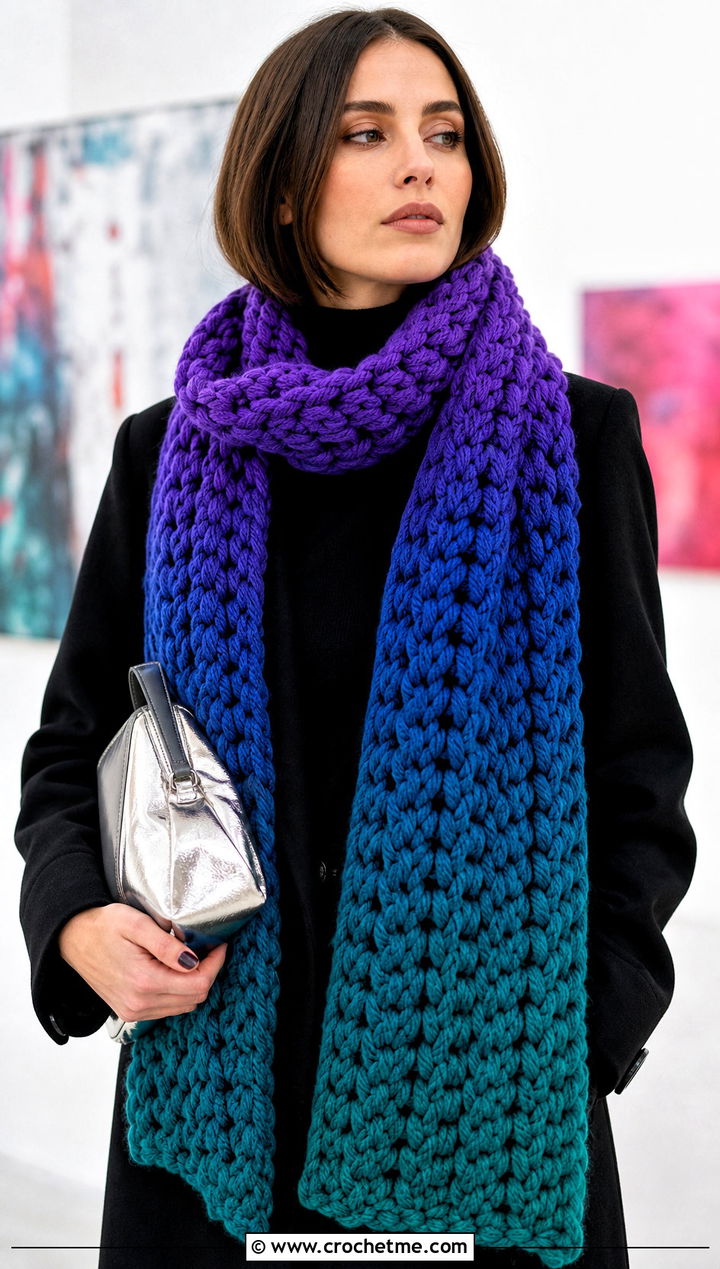 Ombre Super Chunky Crochet Scarf With All Black Outfit - 25 Super Chunky Crochet Scarf outfit ideas