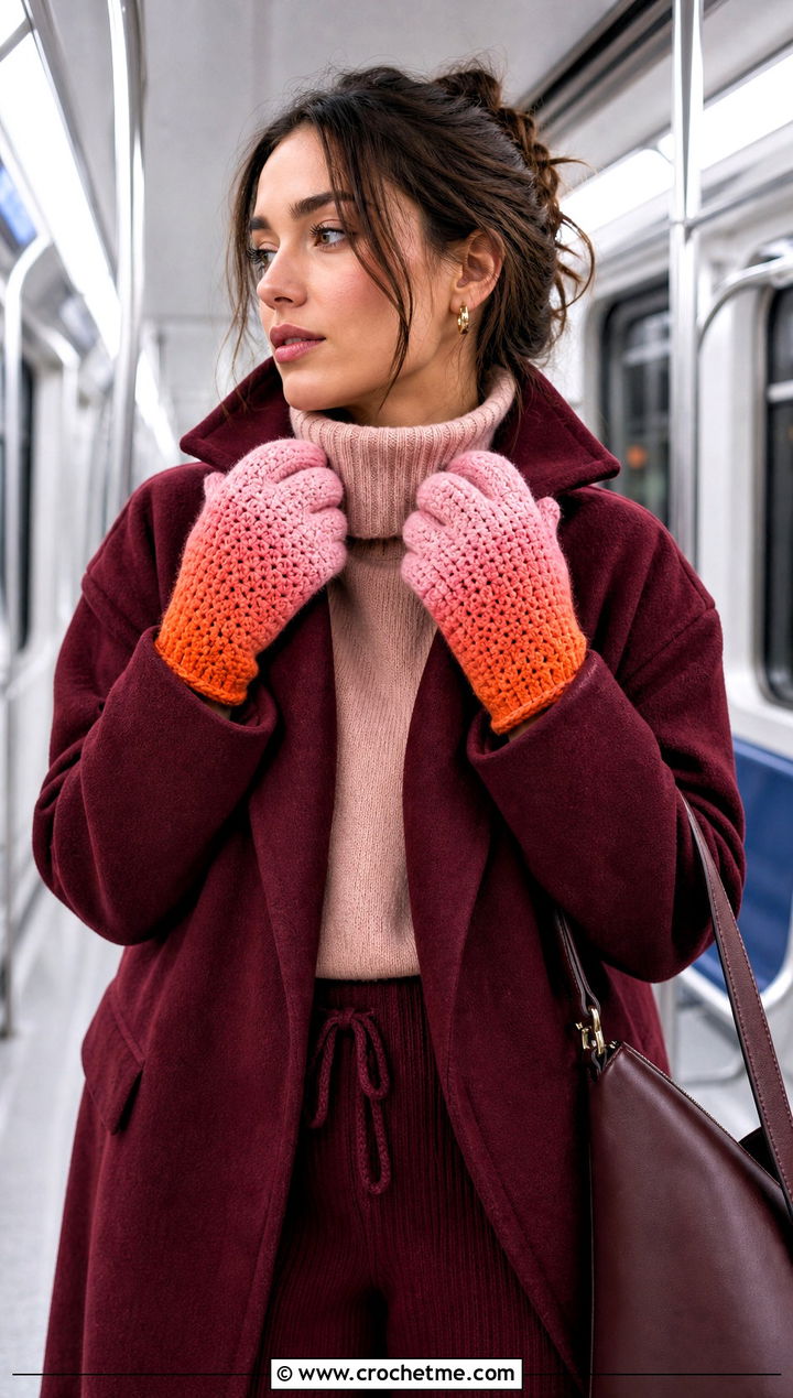 Ombre Tabi Crochet Mittens With Monochrome Coat And Knit Pants - 25 Tabi Crochet Mittens outfit ideas