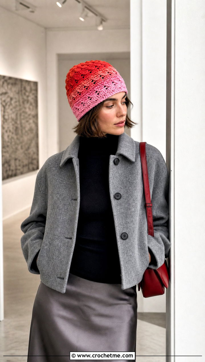 Ombre Tempest Crochet Beanie With Satin Midi Skirt - 15 tempest crochet beanie outfit ideas