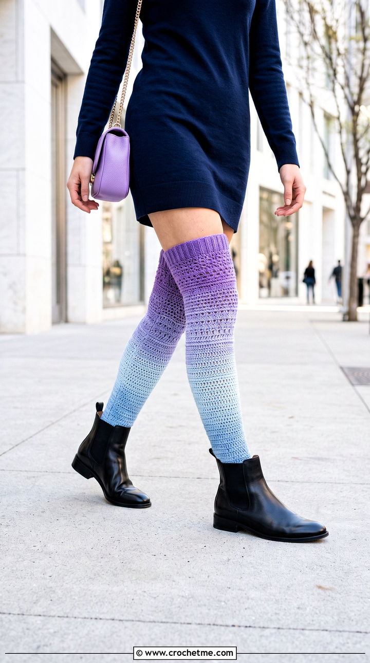 Ombre Thigh High Crochet Socks With Monochrome Mini Dress - 35 thigh high crochet socks outfit ideas