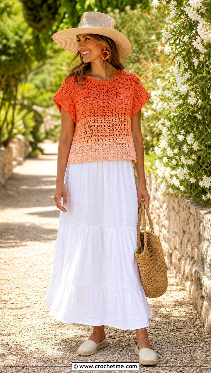 Ombre Tidepool Tee With A Cotton Maxi Skirt - 15 tidepool tee summer crochet top outfit ideas