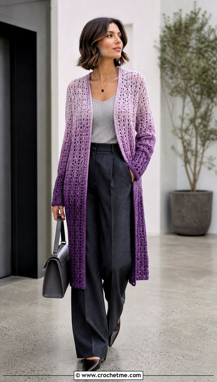 Ombre Top Down Crochet Cardigan With Gray Tailored Pants - 30 top down crochet cardigan outfit ideas