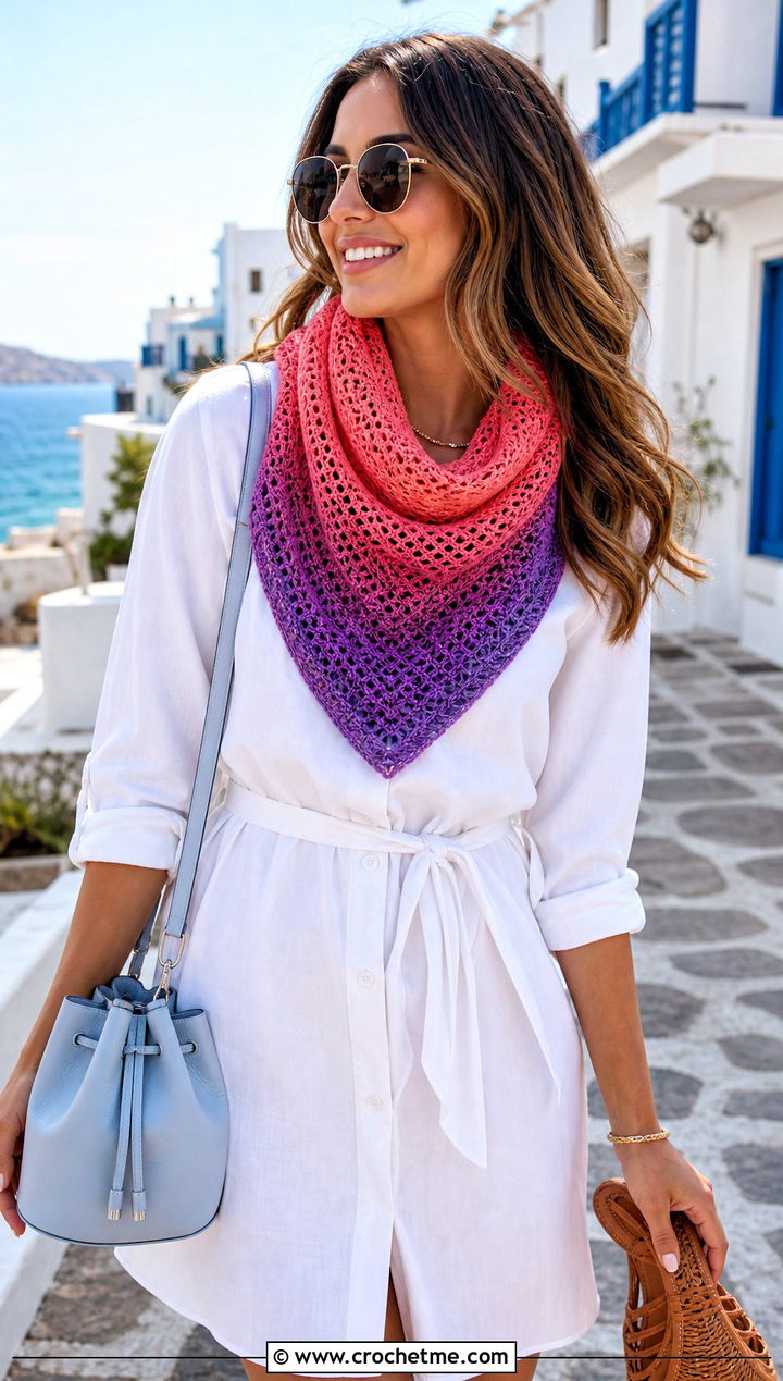 Ombre Triangle Bandana Crochet Scarf With White Shirt Dress - 20 Bandana Crochet Scarf outfit ideas