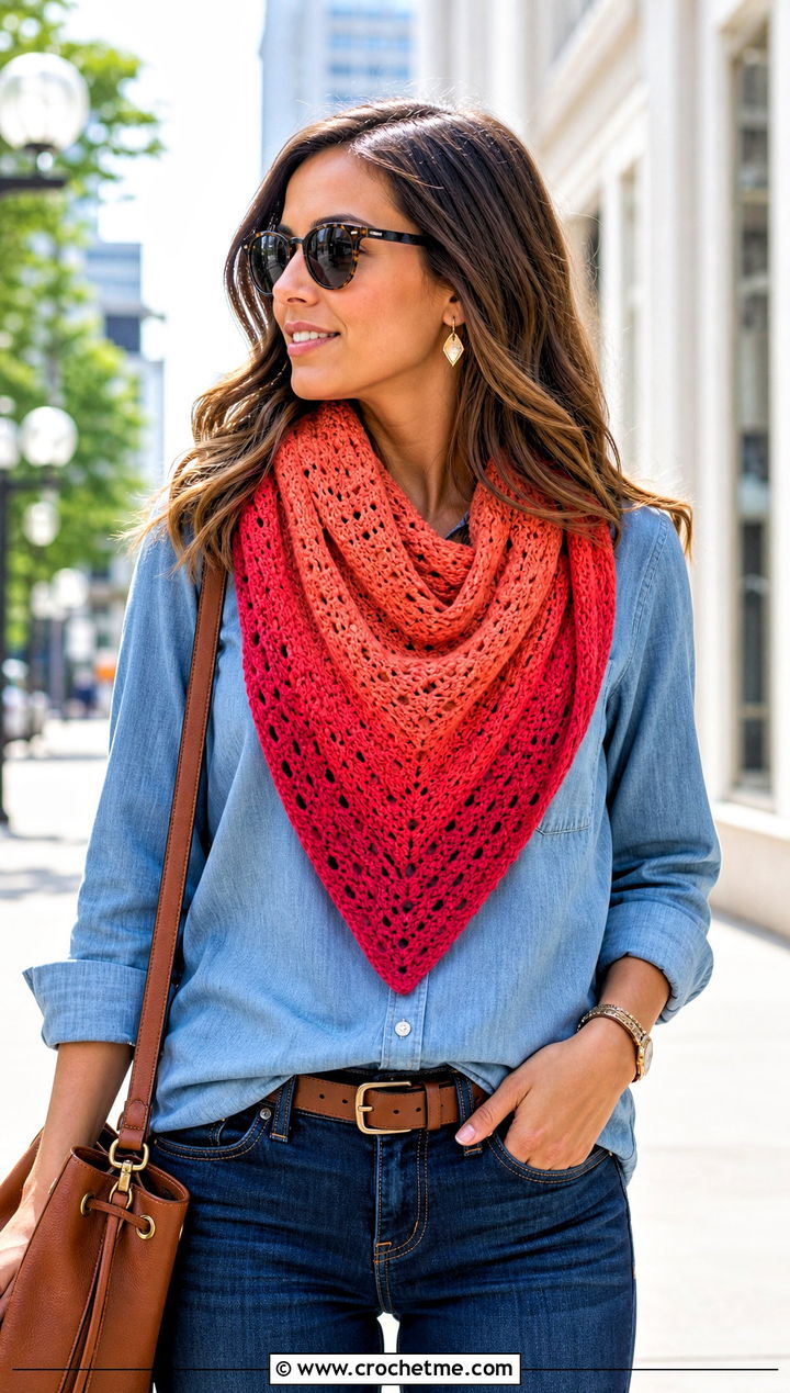 Ombre Triangle Crochet Scarf With Canadian Tuxedo - 15 Boho Triangle Crochet Scarf outfit ideas