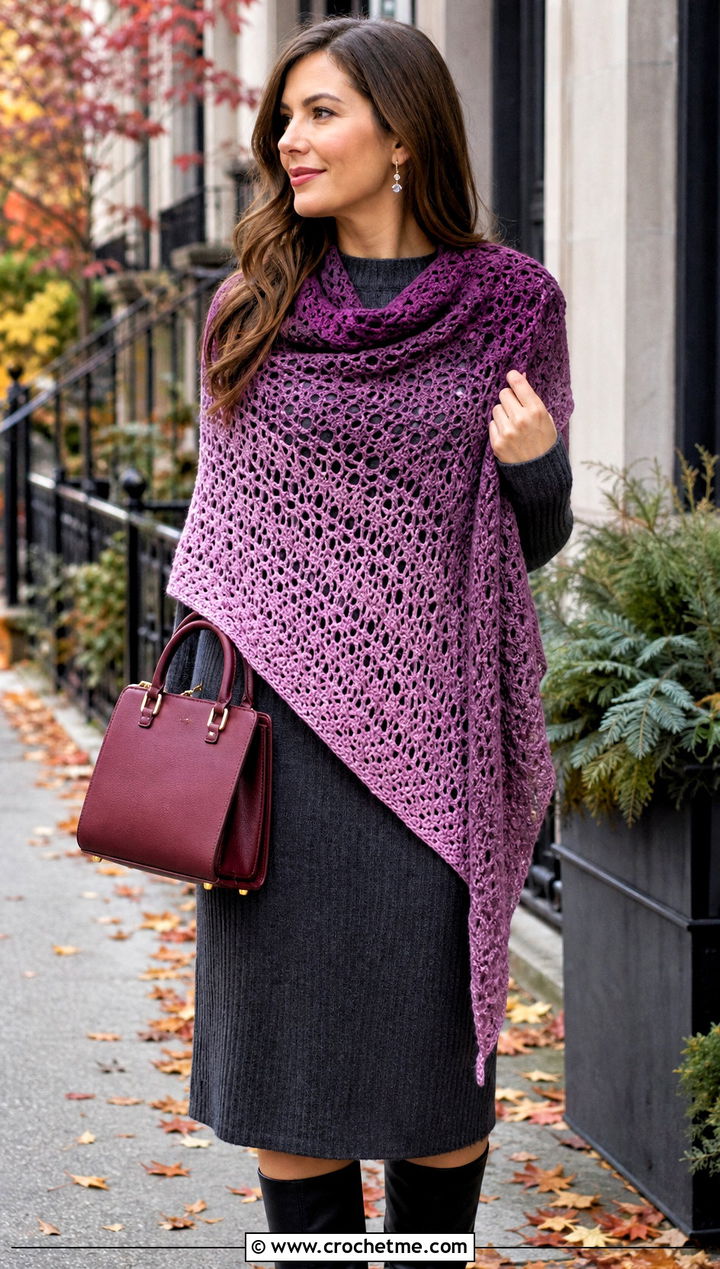 Ombre Triangle Crochet Shawl With Knit Dress And Boots - 35 triangle crochet shawl outfit ideas