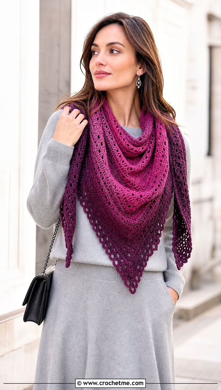 Ombre Triangle Crochet Shawl With Monochrome Knit Set - 30 easy triangle crochet shawl outfit ideas