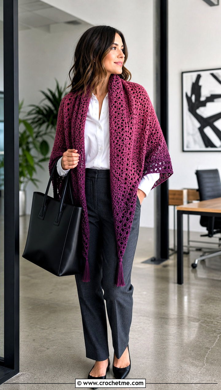 Ombre Triangle Crochet Shawl With White Shirt - 25 triangle crochet shawls outfit ideas