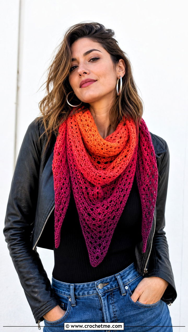 Ombre Triangle Scarf With Leather Jacket - 25 Crocheted Triangle Scarf outfit ideas