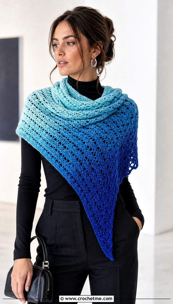 Ombre Triangle Shawl With Monochrome Black Outfit - 30 easy crochet triangle shawl outfit ideas