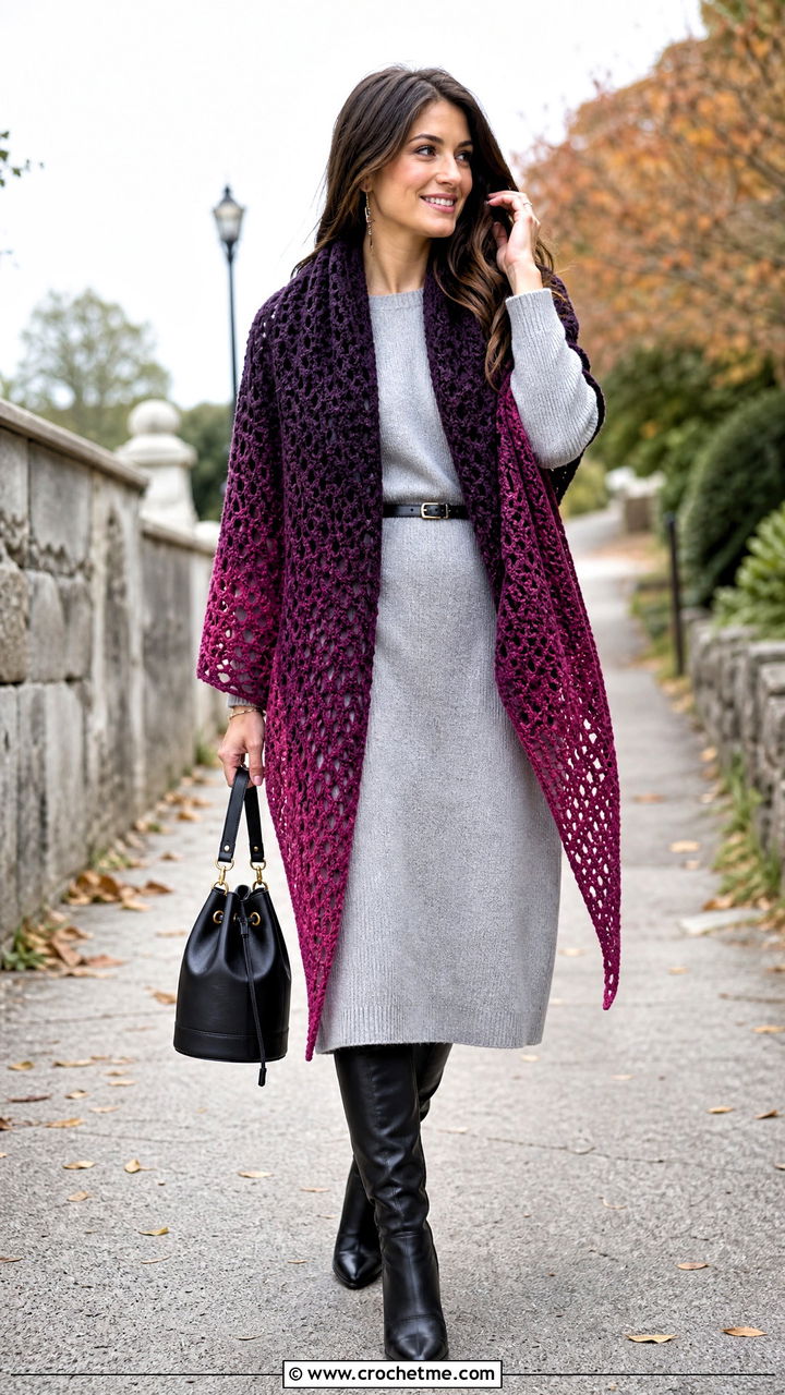 Ombre Triangle Shawl With Sweater Dress - 35 crochet triangle shawl outfit ideas