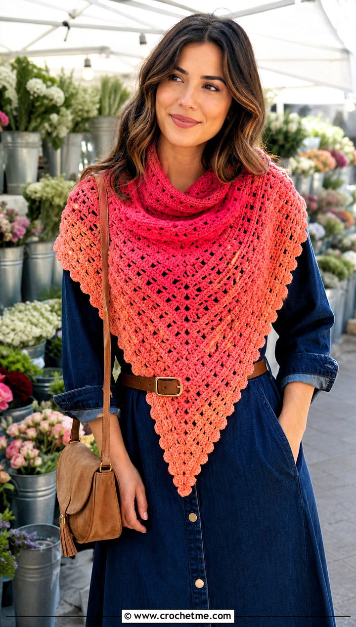 Ombre Triangular Crochet Shawl With Denim Dress - 25 triangular crochet shawl outfit ideas