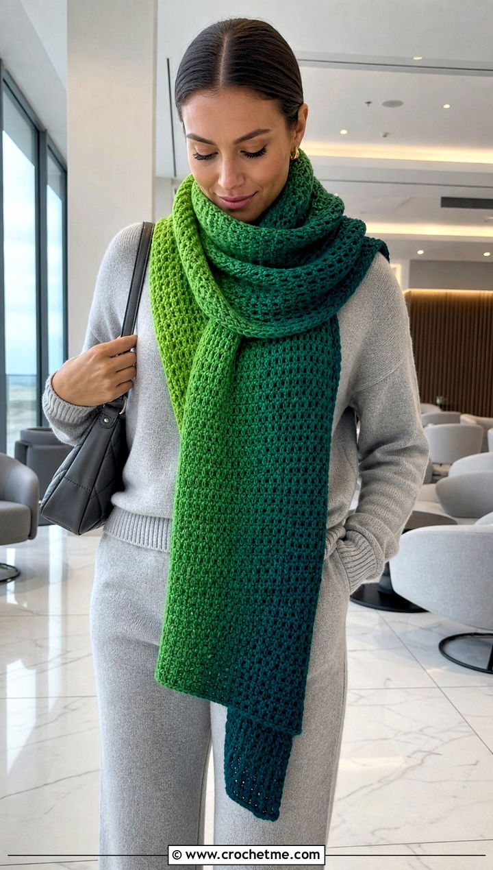 Ombre Tunisian Crochet Scarf With Monochrome Knit Outfit - 20 Easy Tunisian Crochet Scarf outfit ideas