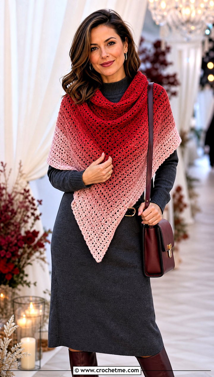 Ombre Tunisian Crochet Triangle Shawl With Sweater Dress - 25 Tunisian Crochet Triangle Shawl outfit ideas