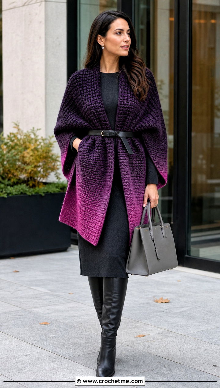 Ombre Tunisian Crochet Wrap With Knit Midi Dress - 25 Tunisian Crochet Wrap outfit ideas
