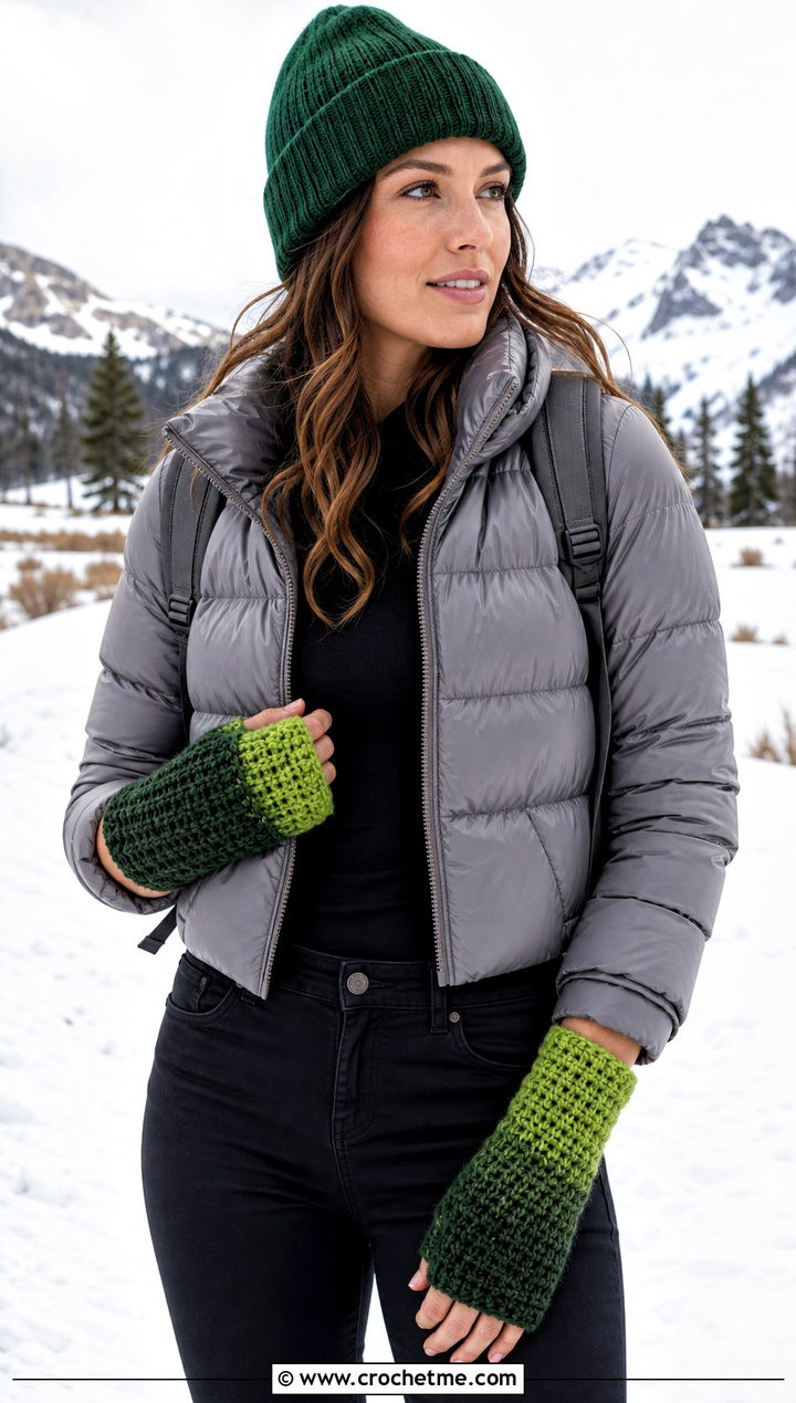 Ombre Tunisian Crochet Wrist Warmers With Puffer Jacket - 15 Tunisian Crochet Wrist Warmers outfit ideas