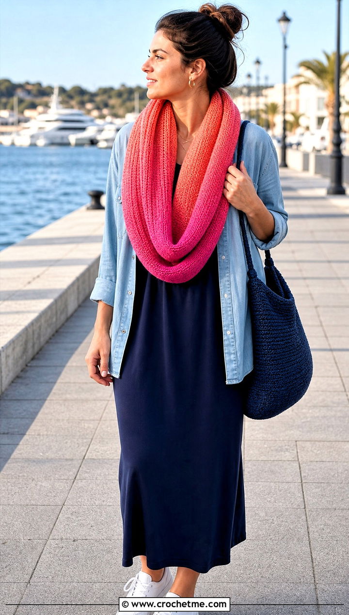 Ombre Tunisian Infinity Scarf With Denim Shirt And Maxi Dress - 15 Tunisian Crochet Infinity Scarf outfit ideas