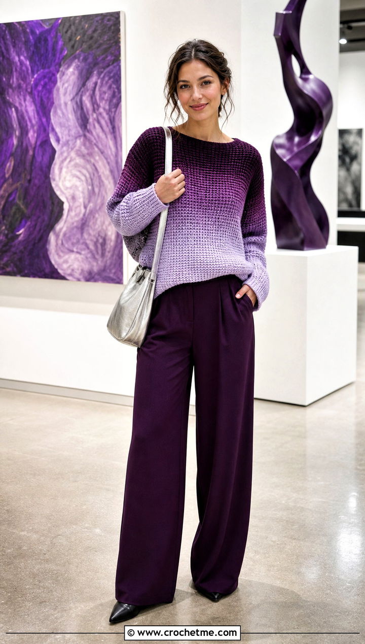 Ombre Tunisian Sweater With Wide Leg Pants - 35 tunisian crochet sweater outfit ideas