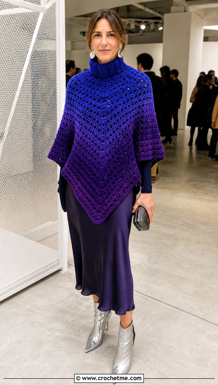 Ombre Turtle Neck Crochet Poncho With A Slip Skirt - 25 Turtle Neck Crochet Poncho outfit ideas