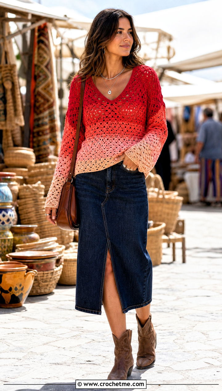 Ombre V Neck Crochet Sweater With Denim Midi Skirt - 35 v neck crochet sweater outfit ideas