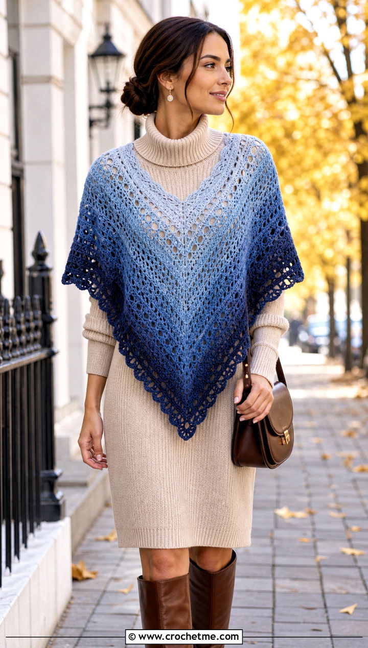 Ombre V Shaped Crochet Shawl With Sweater Dress - 15 V Shaped Crochet Shawl outfit ideas