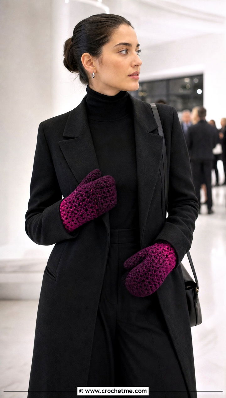 Ombre Velvet Crochet Mittens With Monochrome Outfit - 20 velvet crochet mittens outfit ideas