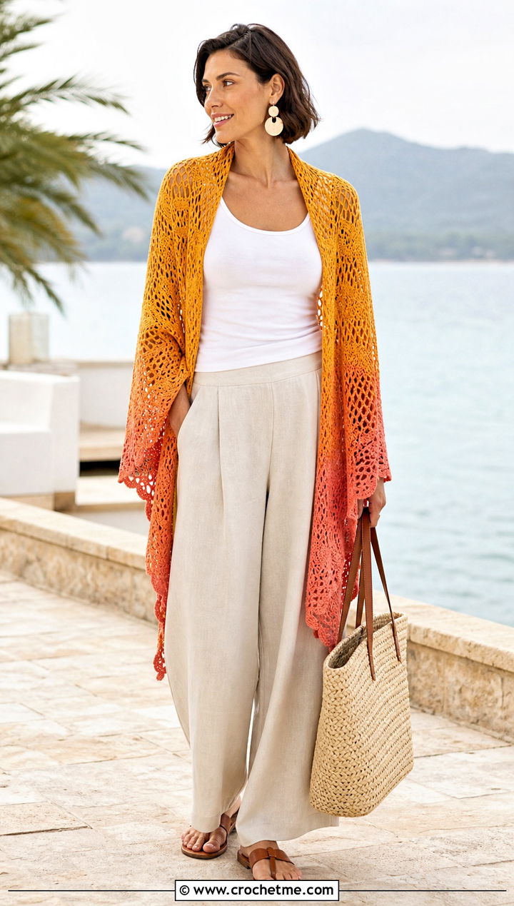 Ombre Virus Shawl With Linen Pants - 35 crochet virus shawl outfit ideas