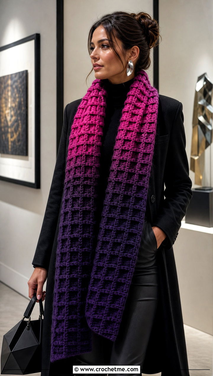 Ombre Waffle Crochet Scarf With All Black Outfit - 25 Waffle Crochet Scarf outfit ideas