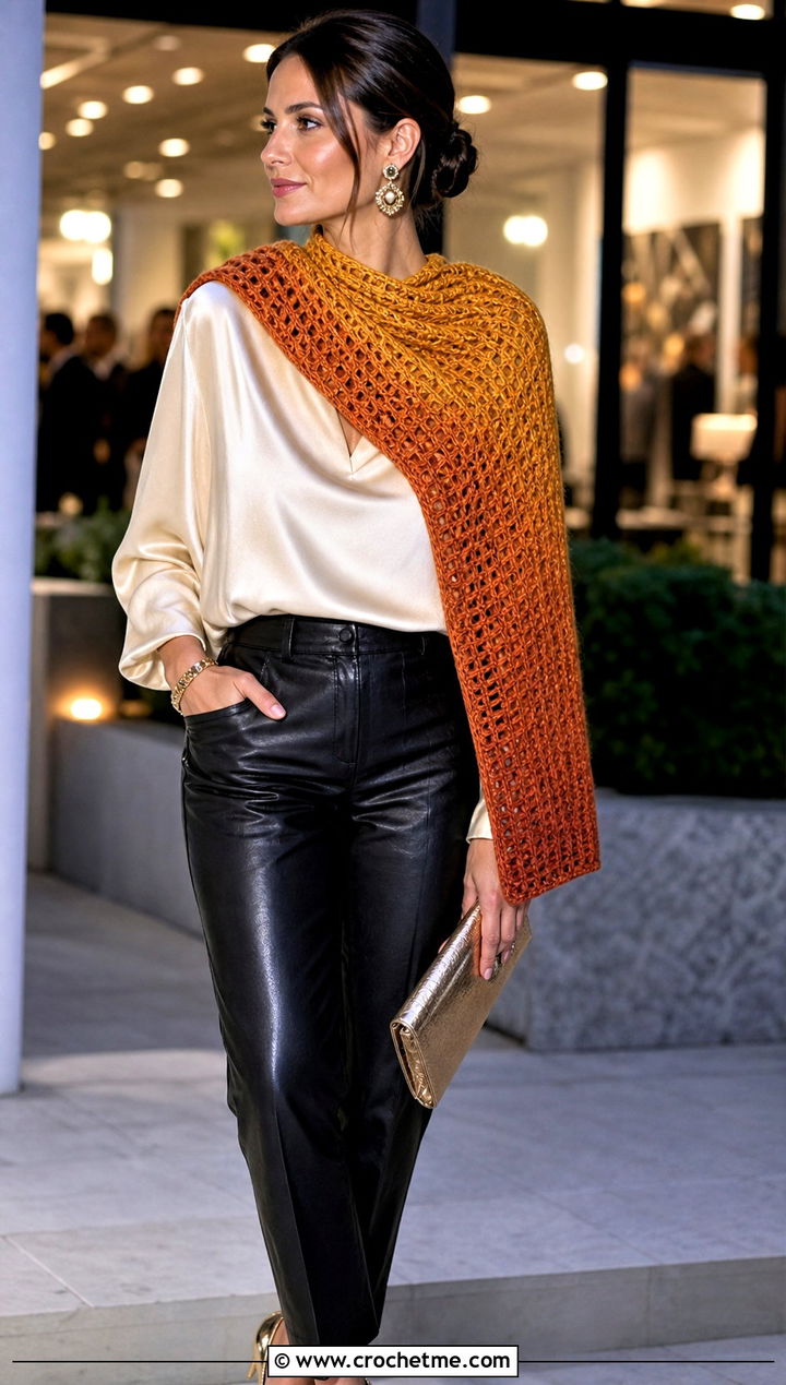Ombre Waffle Stitch Crochet Scarf With Leather Pants - 30 waffle stitch crochet scarf outfit ideas
